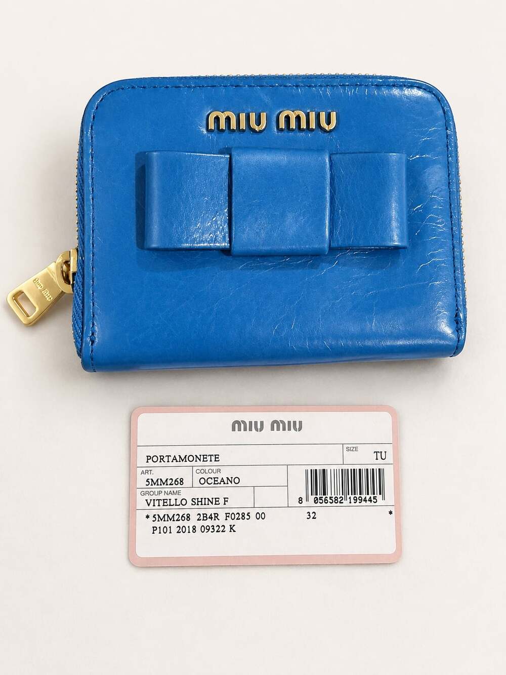 Miu Miu Vitello Shine F Bow Zip Around Coin Purse Wallet Oceano Blue 5MM268